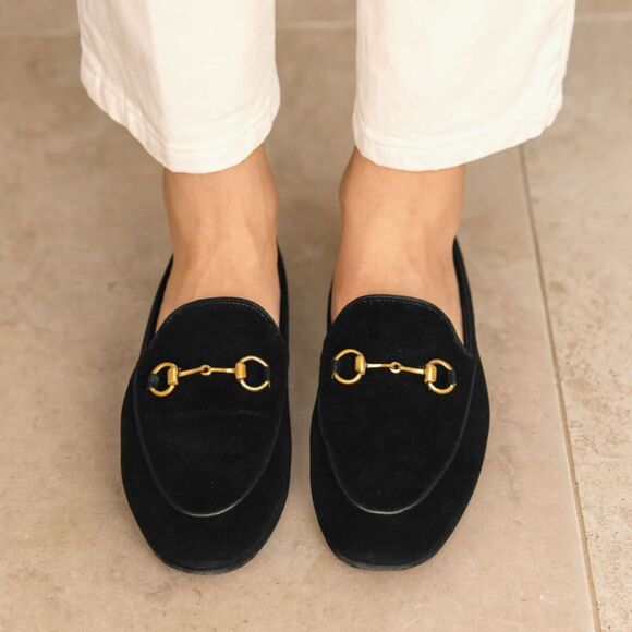 GUCCI Black Velvet Suede Horsebit Slip On Loafer Shoes Women's Size EU 38 US 7.5 - Picture 1 of 12